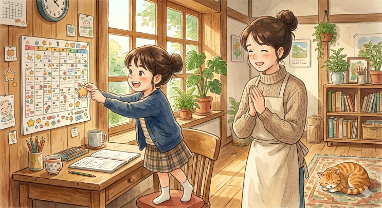 스티커를 붙이며 기뻐하는 아이