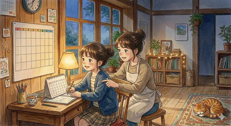 함께 캘린더를 보는 엄마와 아이