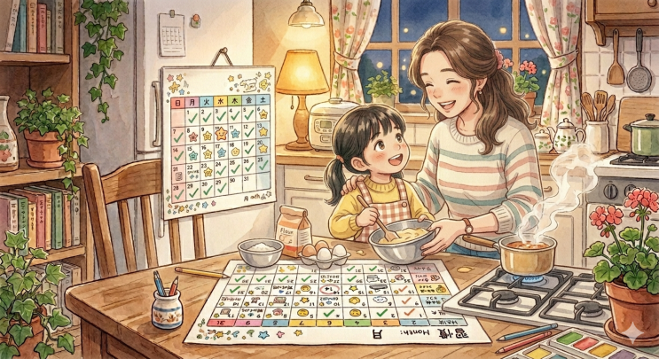 함께 요리하며 대화하는 엄마와 아이