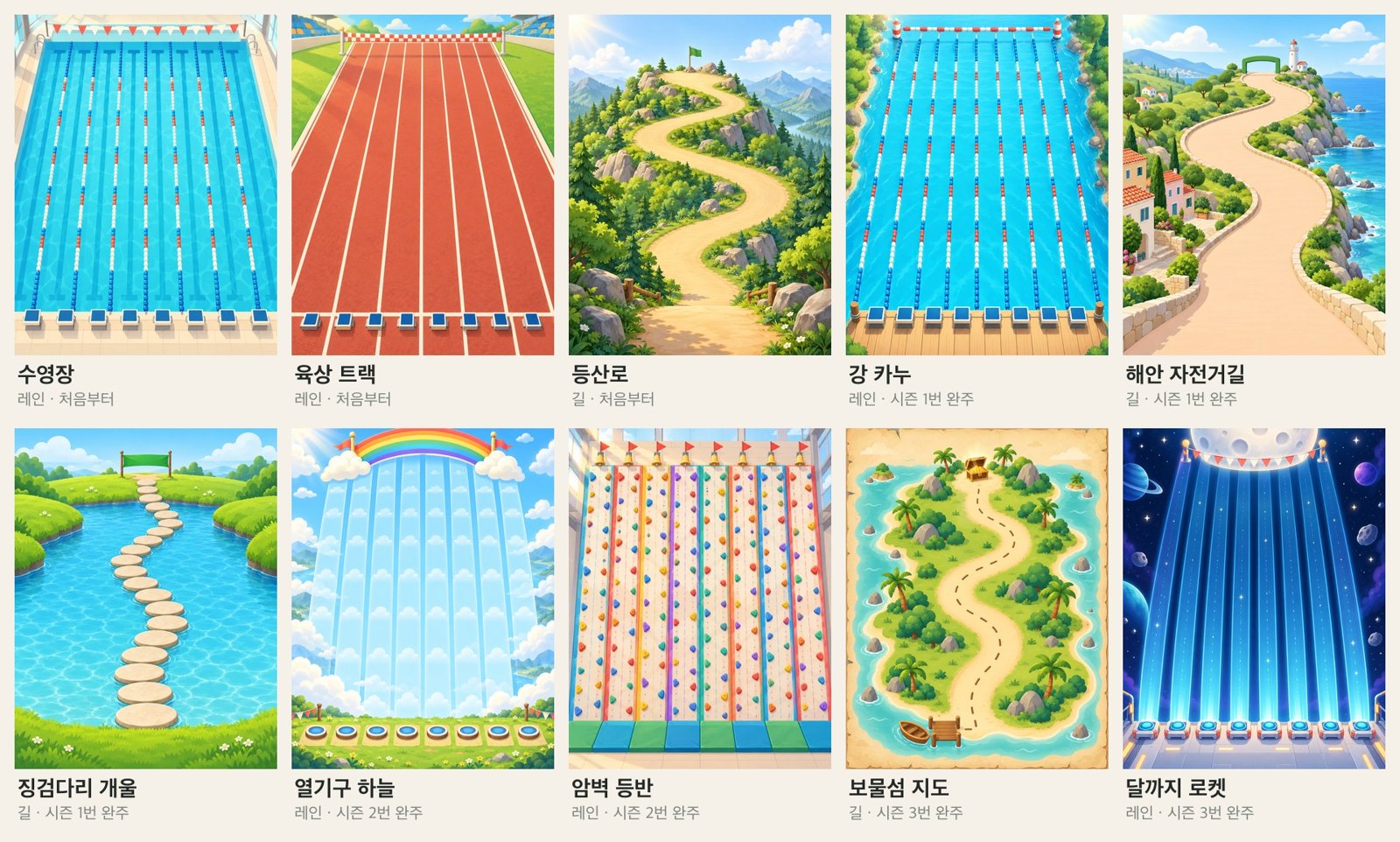 새 경주 테마 10종 — 수영장, 육상 트랙, 등산로, 강 카누, 해안 자전거길, 징검다리 개울, 열기구 하늘, 암벽 등반, 보물섬 지도, 달까지 로켓
