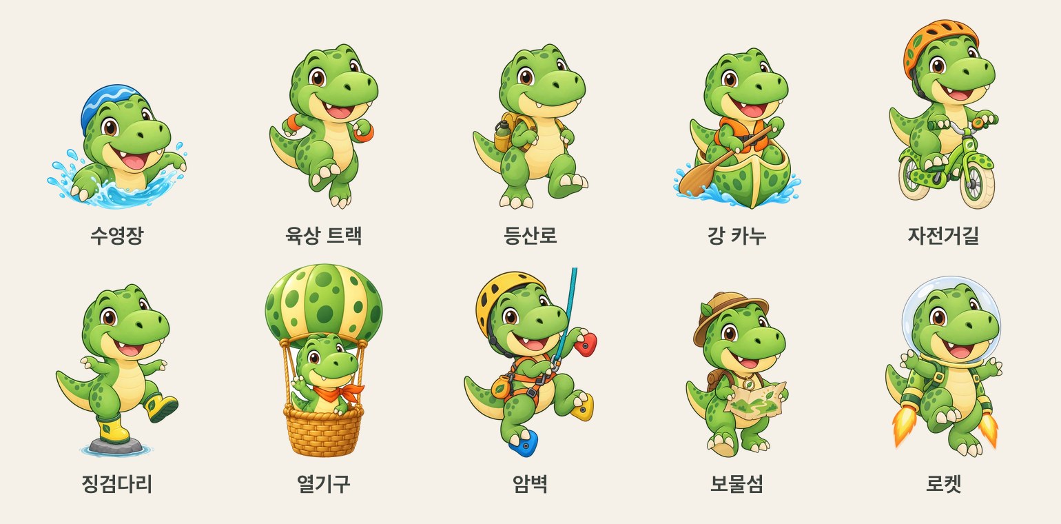 티라노가 테마마다 다른 모습으로 — 수영모, 손목 밴드, 등산 배낭, 카누, 자전거, 장화, 열기구, 암벽 장비, 탐험 모자, 우주 헬멧