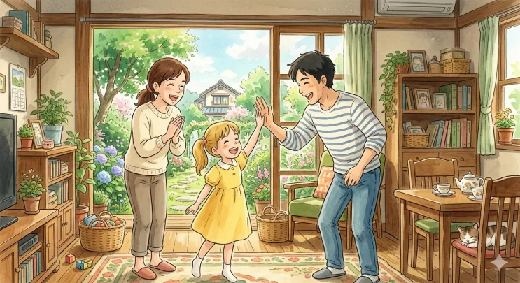 아이와 부모가 하이파이브하며 기뻐하는 일러스트